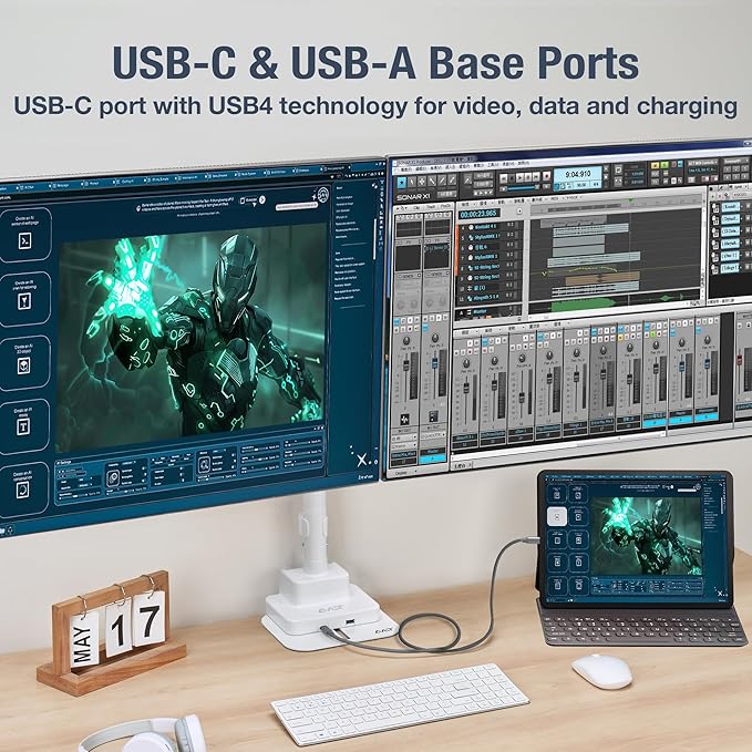 AVLT Dual 57 Inch Heavy Duty Stacking Monitor Arm Pole Top Mount With USB-C USB-A Ports-White, Height Adjustable, Easy Install Top C-Clamp/Grommet With Reinforcement Plates, VESA Compatible 200/100/75