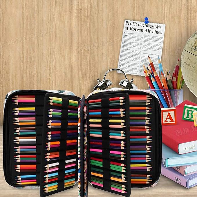220 Slot Colored Pencil Case Pen Bag with Zipper for Artist Storage Organizer for Watercolor Pencil Gel Pen Marker Highlighter Large Capacity Handy Pencil Holder (Watercolor flower)