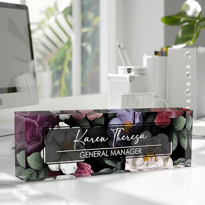 Custom Office Name Plate, Personalized Gifts for Women & Men, Appreciation Gifts for Employees, Office Desk Accessory (Night Flower)