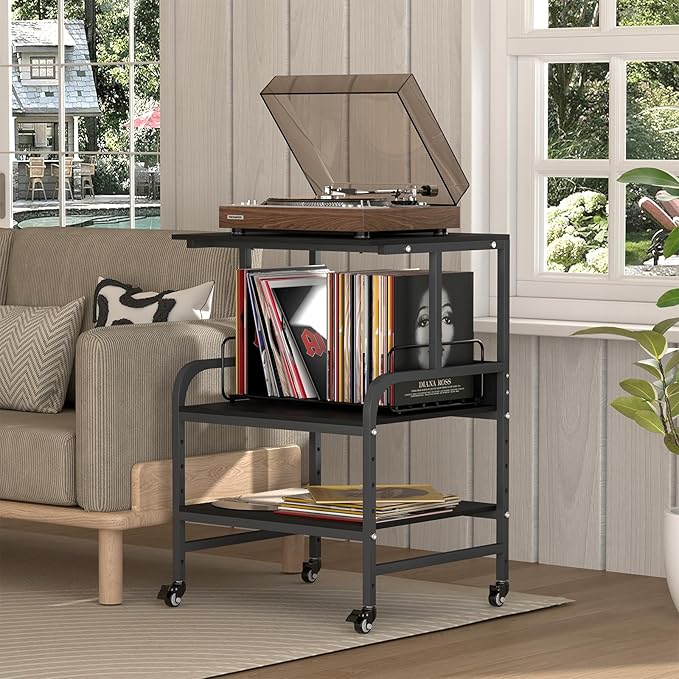Black Printer Stand, Large Printer Table with Wheels, 32.48 X 22.05 X 18.9 Home Office Rolling Stand with Adjustable Shelf, Heavy Duty Printer Cart for Scanner, Fax, Black Ebony