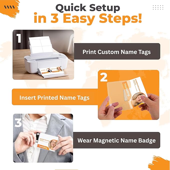 50 Pack of 4x3 Magnetic Name Badge Holders (White Printable Inserts Included) Customizable Magnetic Name Tags for Office, Conventions, School, and Events - Durable and Clear Plastic Name Tag Holder