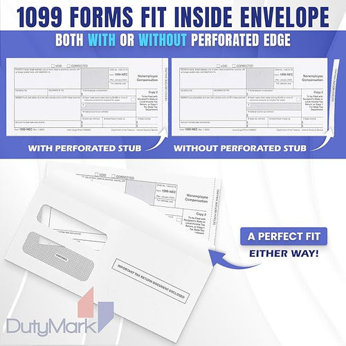 500 1099 NEC Tax Form Envelopes Designed for Printed 1099 NEC Forms 2025, Self-Seal Double-Window, Security Tinted Envelopes, Fits Preprinted 3 up 1099 NEC 2025 Box of 500