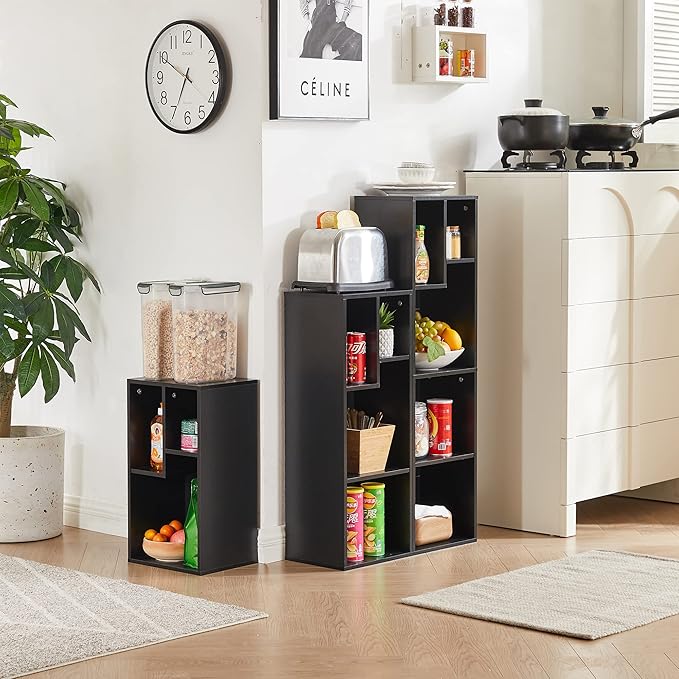 VECELO 3-Cube Open Bookcase, Small Bookshelf with Height Difference Shelves for Most Books, Horizontal Available, 2-Tier Storage Organizer for Home Office, Living Room,Vintage Black