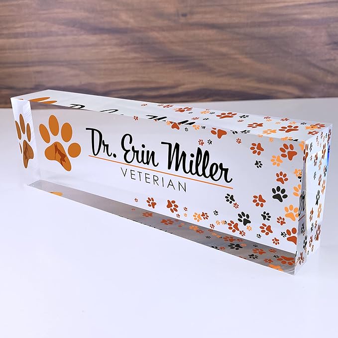 Artblox Office Desk Name Plate Personalized | Custom Name Plates for Desks | Vet Dog Design On Clear Acrylic Glass | Cute Office Desk Accessories Customized Gifts - (8" x 2.5")