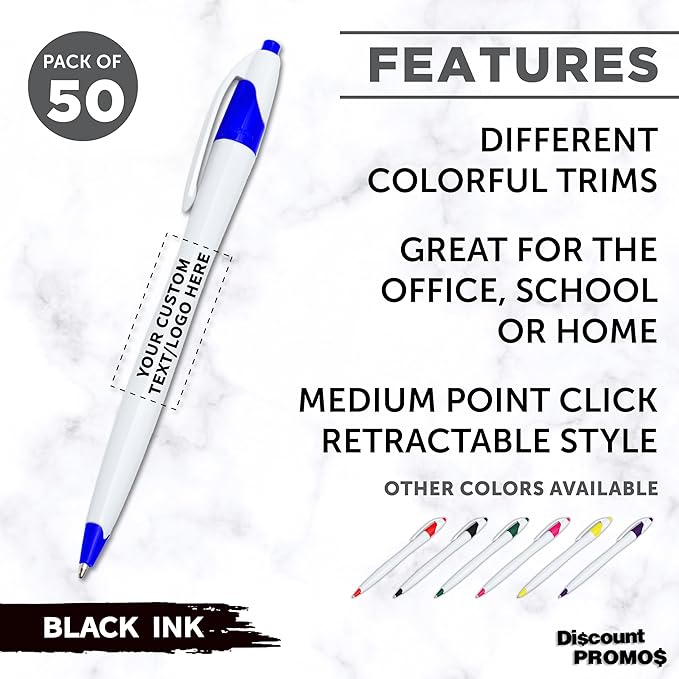 DISCOUNT PROMOS Custom Slim Curvy Ballpoint Pens Set of 50, Personalized Bulk Pack - Black Ink, Retractable, Great for Office, School, Tradeshows - Blue Black