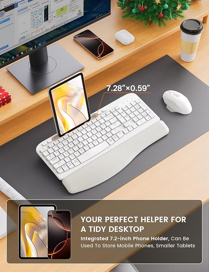 SABLUTE Wireless Keyboard and Mouse Combo, Ergonomic Wave Keys, Cushioned Palm Rest, Rechargeable, Phone Holder, Natural Typing, 2.4G Lag-Free, Full Size Keyboards Cordless Set for Windows/Mac, White