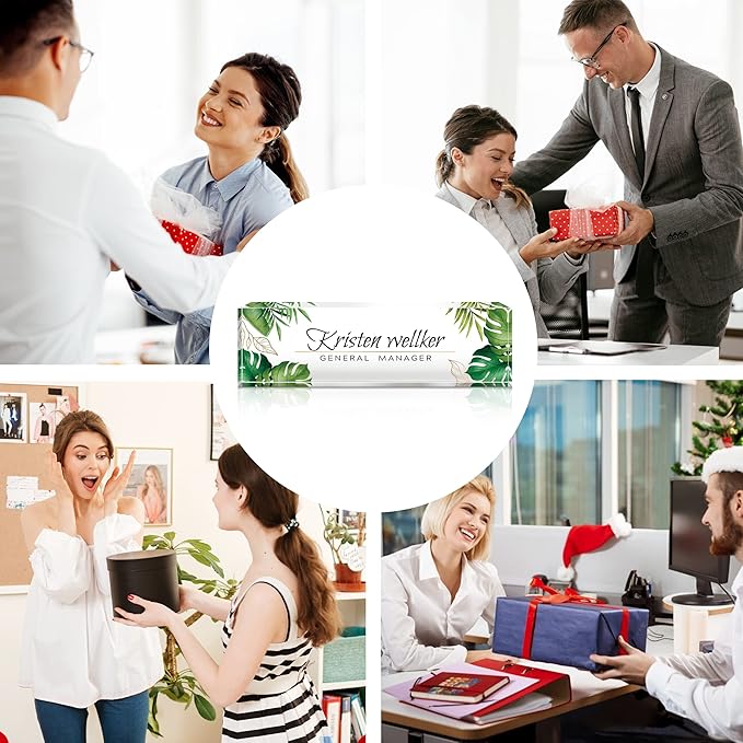 Desk Name Plate Personalized, Premium Clear Acrylic Desk Name Plate, Personalized Name Plate for Desk, Office Decor for Women or Men Coworkers, Boss, Employee, Teacher, Social Worker(Green Monstera)