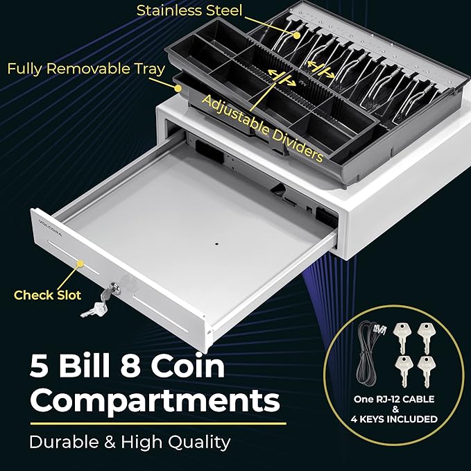 Volcora Cash Register Drawer for Point of Sale (POS) System with Fully Removable 2 Tier Cash Tray, 5 Bill/8 Coin, 24V, RJ11/RJ12 Key-Lock, Double Media Slot, White