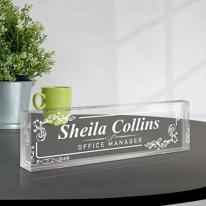 Custom Name Plate for Desk, Employee Appreciation Gifts, Office Decor, Acrylic Personalized Desk Accessories, Funny Gifts for Coworkers Boss Teacher (Engraved B)