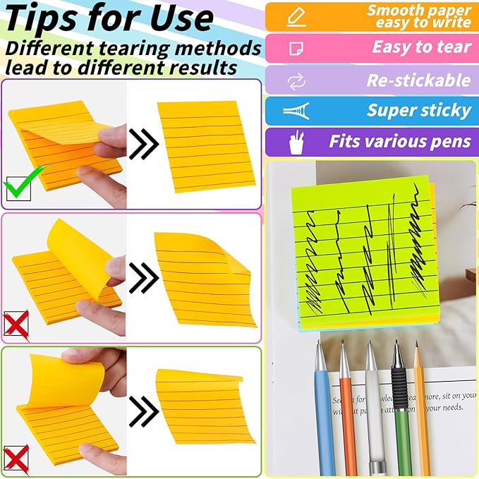 100 Pack Lined Sticky Notes Bulk 3 x 3 In Self-Stick Note Pads Colorful Posted Note in 20 Colors Adhesive Paper Memo 50Sheets/Pad Easy to Post for Office Home School Meetings Notebook Wall Door Window