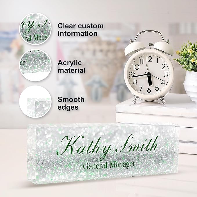 Custom Name Plate for Desk | Personalized Desk Name Plate | Personalized Boss Employee Appreciation Gifts | Acrylic Name Plate Office Desk Accessories (A-Silver Green Crystal)