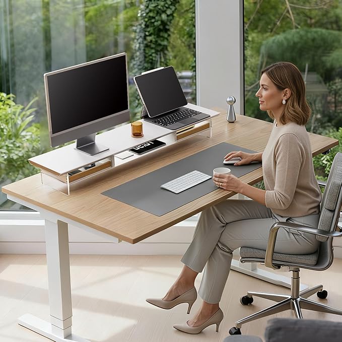 Fenge Dual Monitor Stand with Drawer, 42.5 Inch Large Monitor Riser with Acrylic Legs Supports, Computer Stand for Desk, 2 Tier Wood Desk Shelf with Storage Organizer for PC, Laptop, Printer, TV