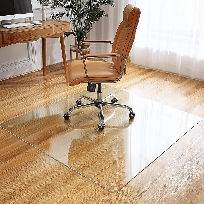 VASUHOME Premium Tempered Glass Chair Mat, 46 x 55 Inch Large Office Floor Mat for Carpet or Hardwood Floors, 1/5" Thick with 12 Anti-Slip Pads