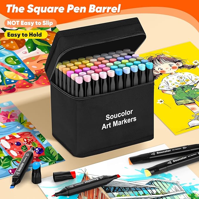 Soucolor Alcohol Markers Set, 60 Colors Dual Tip Art Alcohol Markers for Adults Coloring Drawing Sketching Book Painting Card Making Illustration