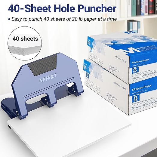 AFMAT 3 Hole Punch, 9/32" Holes, 40-Sheet 3 Hole Puncher for Binder, 50% Reduced Effort, Metal Heavy Duty Three Hole Punch w/ 10,000+ Uses, Bulit-in S.S. Paper Guide, Large Chip Tray, Blue, HPX3