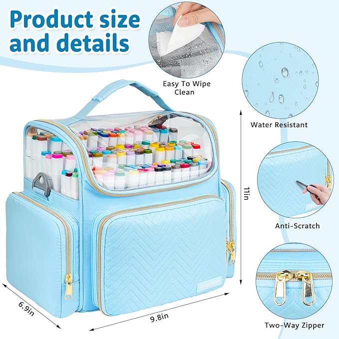 Large Marker Organizer Case for 200-300 Markers,Travel Marker Storage Bag with Dividers and 4 Pockets,Marker Organizer Holder for Paint Brushes,Colored Pencils and Other Art Supplies,Bag Only,Blue