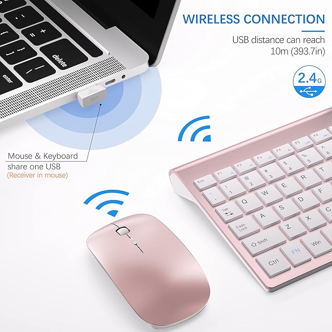 Wireless Keyboard and Mouse Ultra Slim Combo, TopMate 2.4G Silent Compact USB 2400DPI Mouse and Scissor Switch Keyboard Set with Cover, Batteries Included, for PC/Laptop/Windows/Mac - Rose Gold White