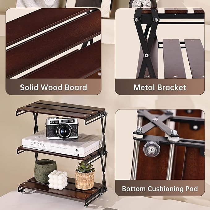 Desk Shelf Organizer 3 Tiers Wood Compact Desk Organizer Storage Rack Metal Frame Office Desk Shelf Organizers,Walnut