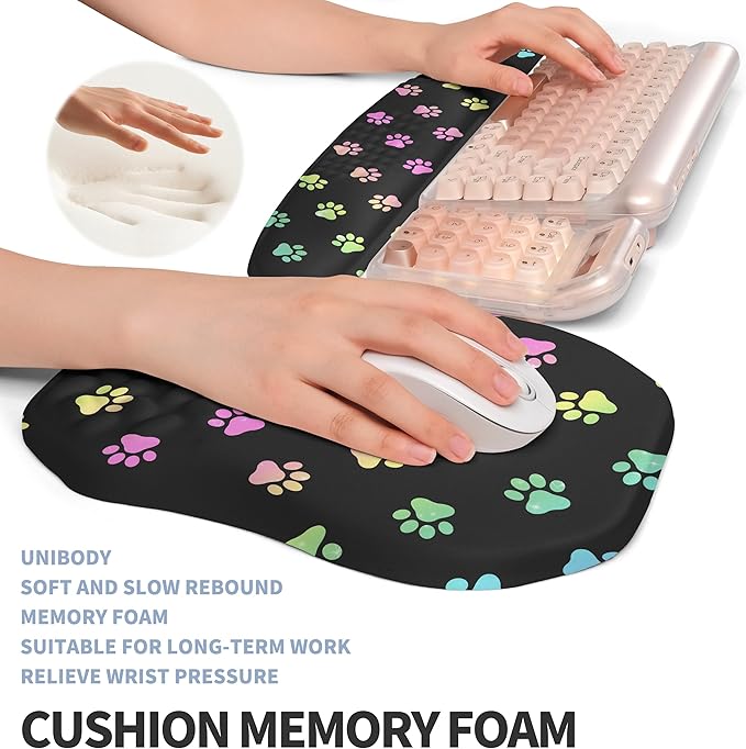2-in-1 Ergonomic Set, Wave Keyboard Wrist Rest and Massage Slope Mouse Pad Wrist Support, Rebound Memory Foam for Relieve Carpal Tunnel Syndrome and Wrist Pain (Cute Cat Claws)