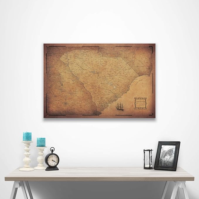 Conquest Maps Push Pin South Carolina Map Board - With Push Pins to Mark South Carolina Travels - Handmade in Ohio, USA - Design: Golden Aged