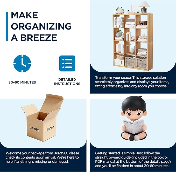 12-Cube Storage Organizer, Wooden Cube Shelf Bookcase with Reinforced Thick Shelves, Heavy-Duty 36.93" L x 9.37" W x 48.82" H, for Living Room Bedroom Home Office, Natural-Oak