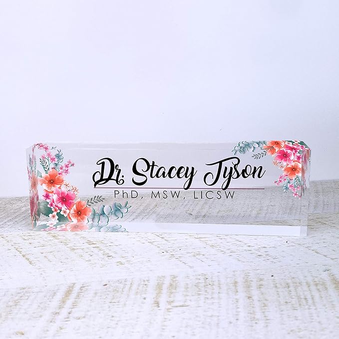 Artblox Personalized Office Desk Name Plate and Business Card Holder | Clear Acrylic Glass with Teak Wood Stand | Mixed Flowers Design Customized with Your Name and Credentials Office Desk Decor