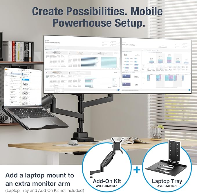AVLT Dual 57 Inch Heavy Duty Stacking Monitor Arm Pole Top Mount With USB-C USB-A Ports-Black, Height Adjustable, Easy Install Top C-Clamp/Grommet With Reinforcement Plates, VESA Compatible 200/100/75