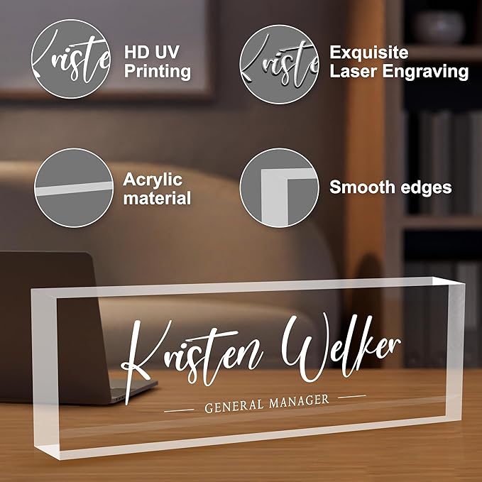 Personalized Acrylic Desk Name Plates, Custom Office Gifts & Decor, 2.5" Tall x 0.59"-1.18" Thick, Transparent, Portrait Orientation, Tabletop Mount
