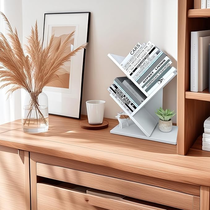 Godferyxin Tree Bookshelf, 3-Tier Wood Small Bookshelf and Mini Book Shelf for Office, Home or School Desk Book Shelf for for Displaying Books, CDs, Magazines Wood Storage Rack-Whit