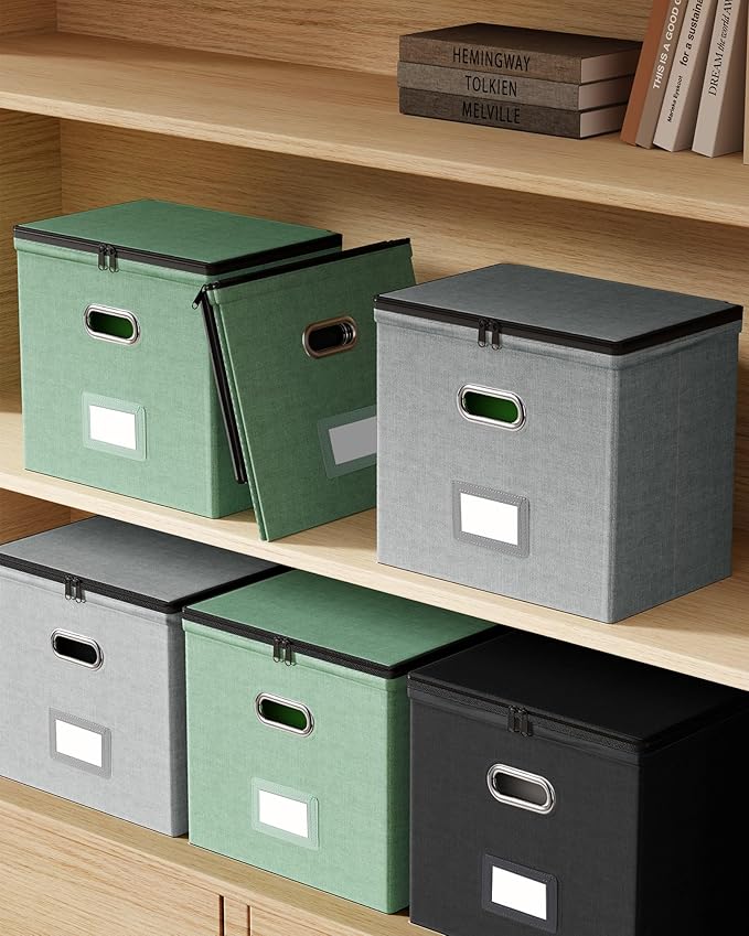 Oterri 1 Pack File Organizer Boxes with Lids, File Box with Mesh Pockets, Document Organizer Box for File Folders Letter Size, Zippers Filing Box for Home, Office, School (Green, Without Folders)