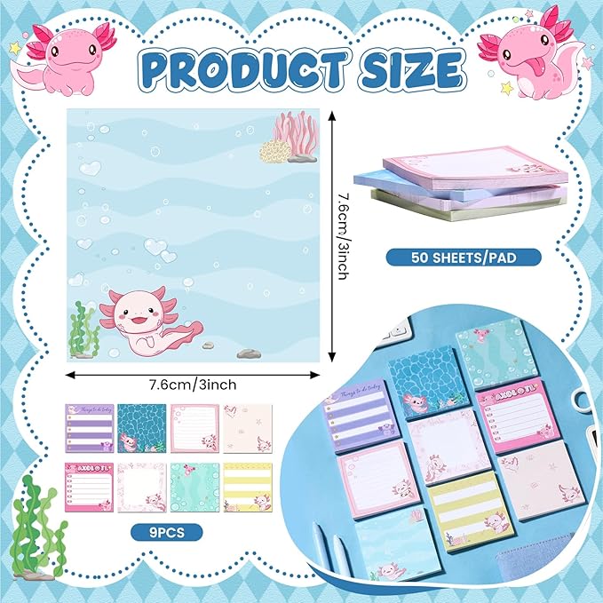 9 Pads Axolotl Sticky Notes 3x3 Inch Cute Self Stick Notepads Notes Adhesive Memo Pad Office Decor Gifts for Students School Teacher Meeting Office Supplies