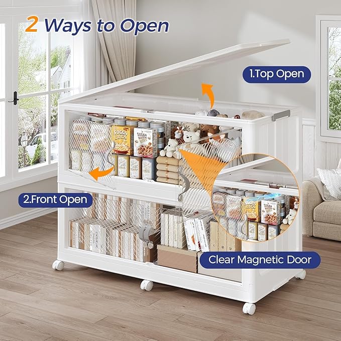 1200QT Extra Large Stackable Storage Bins with Lid, 300Gal Plastic Closet Organizers and Storage Drawer, Collapsible Cabinet Box with Wheels Clear Doors for Home Kitchen Office, 5Pack White