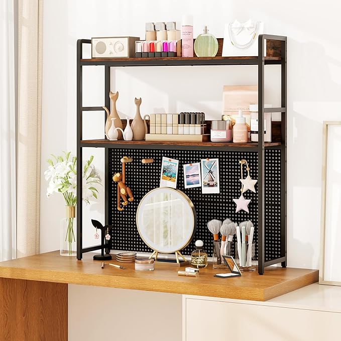 GOFLAME Desktop Bookshelf with Pegboard, 37 Inch Industrial Desk Hutch for Computer Monitor, 2-Tier Countertop Organizer Shelf with Safety Guardrails for Home Office, Dorm, Study, Rustic Brown