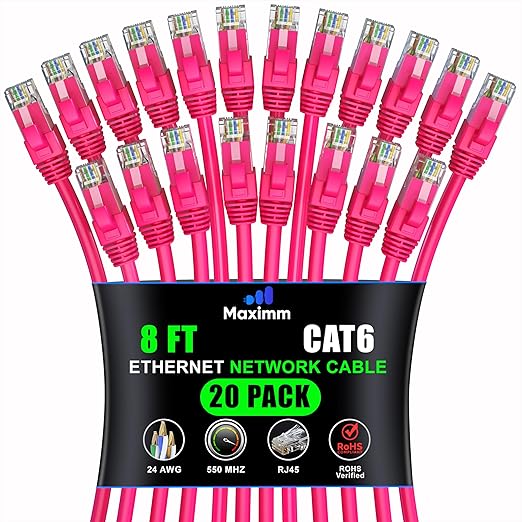 Maximm Cat 6 Ethernet Cable 8 ft (20-Pack) - High-Speed LAN Cable, Internet Cable, Patch Cable, and Network Cable - UTP, 10Gbps, 550MHz Ethernet Cord - Pink