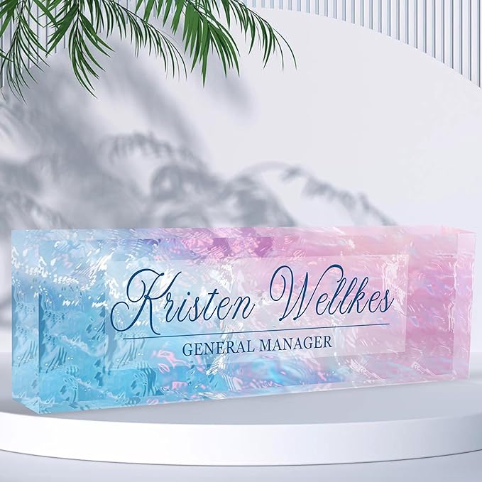 Custom Desk Name Plate Personalized, Acrylic Name Plates for Desk, Office Decor Personalized Gifts for Teacher Coworkers Boss Nurse (Blue Pink Glass)
