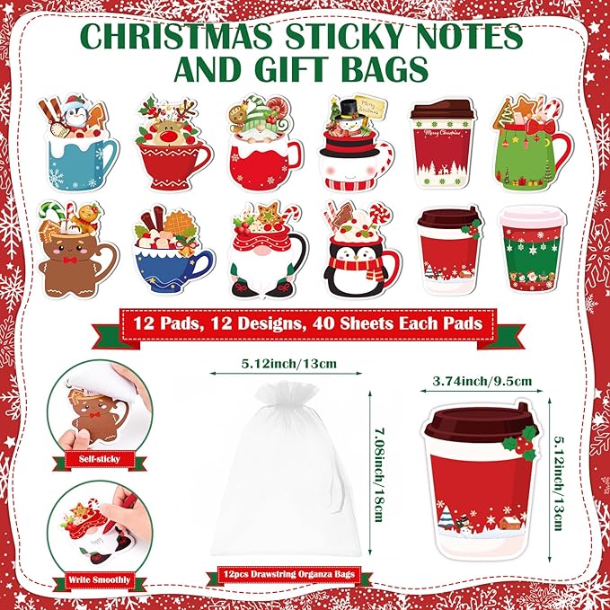12 Sets Christmas Sticky Notes with Pens, Christmas Coffee Cup Notepads Winter Memo Pad Bulk Christmas Gifts for Coworkers Holiday Decoration Party Favors Office Home Supplies
