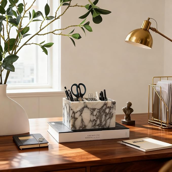 Natural Marble 3-Tier Organizer Box - Multi-Purpose Desktop Storage for Office Supplies, Kitchen Utensils, Makeup Brushes & Bathroom Essentials