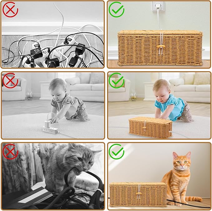 Cable Management Box, Handmade Imitation Rattan Cord Cable Organizer, Open Slots Cords Hider Box Cord Basket Under Desk Cord Organizer for Computer Router USB Hub & Power Strip