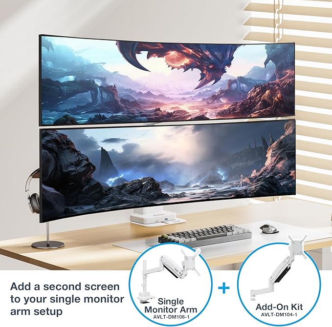 AVLT 57 Inch Heavy Duty Pole Top Mount Monitor Arm Series – Dual & Single Add-On Kits, Height Adjustable, VESA Compatible (White, Add-On Monitor Arm)