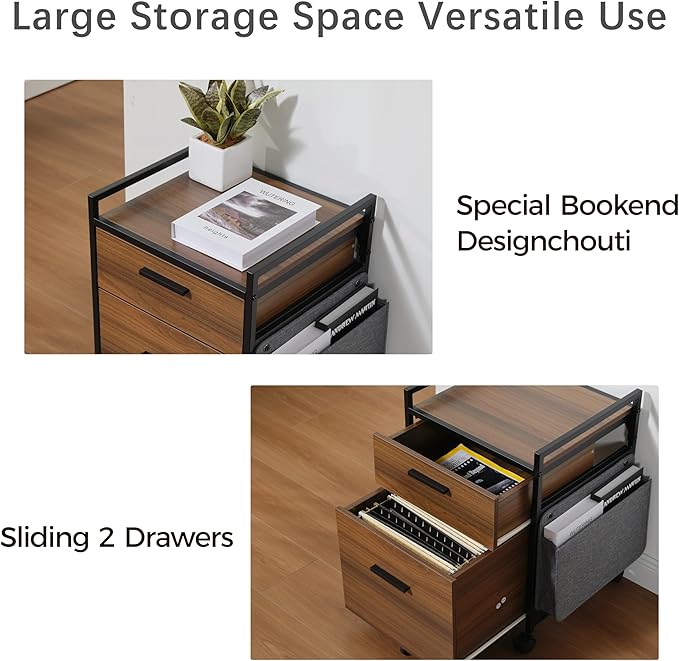 EUREKA ERGONOMIC 2-Drawer Mobile File Cabinet with Wheels, Solid Wood Rolling Storage Cabinet for Home Office, Space-Saving Under Desk Organization with Printer Stand, Walnut