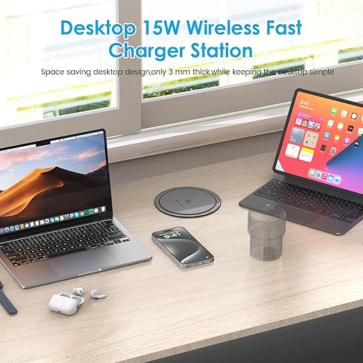 Pop Up Outlet with 15W Wireless Charger, 4 AC Outlets & PD 20W USB Fast Charging, 4.75 inch Desk Hole Power Grommet Connect 6FT Cord for Office, Conference, Kitchen Use(ETL & FCC Listed)