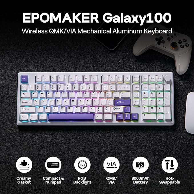 EPOMAKER Galaxy100 QMK/VIA Wireless Gaming Keyboard, Aluminum Shell, BT/2.4Ghz/USB-C, Pre-Lubed Hot-Swappable Linear Switches, NKRO, RGB Backlit (White Purple, Marble White Switch)
