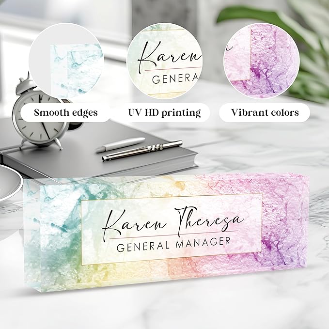 Custom Office Name Plate, Personalized Gifts for Women & Men, Appreciation Gifts for Employees, Boss, Teacher - Rainbow Texture Desk Accessory