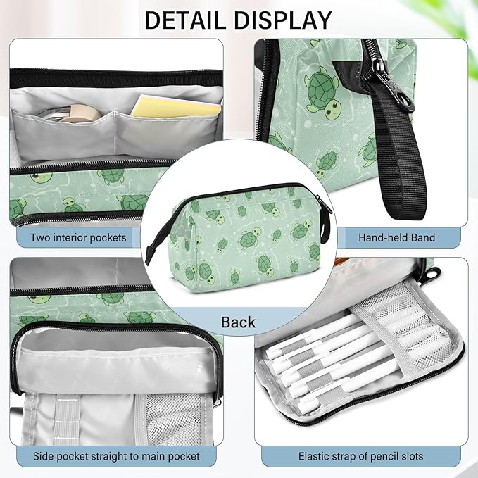 Cute Turtle Green Pencil Case Pouch Big Capacity Pencil Bag Box Organizer Pen Case with Handle Pencil Cases for Girls Boys Women School College Office