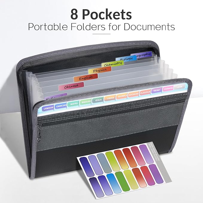 Sooez Accordion File Organizer with Safe Zipper, 8 Pocket Expanding File Folder with Front Pencil Pouch, Portable Monthly Paper Bill Tax Receipt Organizer, School Office Supplies, Letter Size, Black
