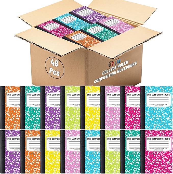 UZLU 48 Pack Mini Composition Notebooks Bulk, Cute Composition Books, Narrow Ruled Small Pocket Notebook for Students College Office, Pocket Sized Marble Journal, 8 Colors 4.5" x 3.25", 60 Sheets