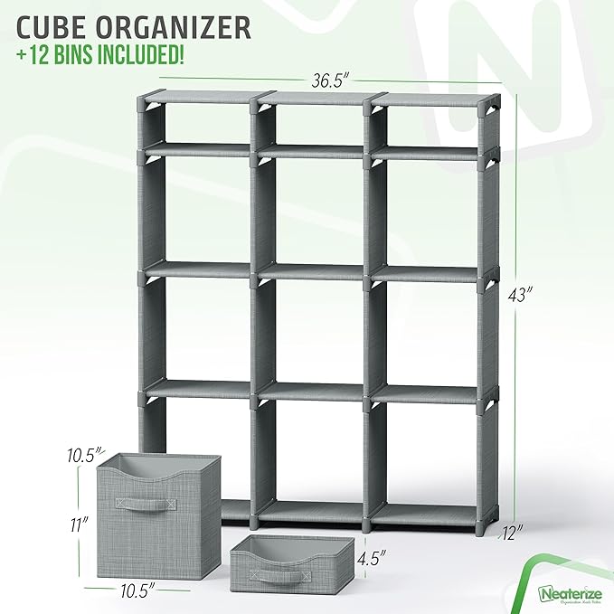 12 Cube Closet Organizers And Storage | Includes All Storage Cube Bins | Easy To Assemble Closet Storage Unit With Drawers | Room Organizer For Clothes, Baby Closet Bedroom, Playroom, Dorm (Grey)