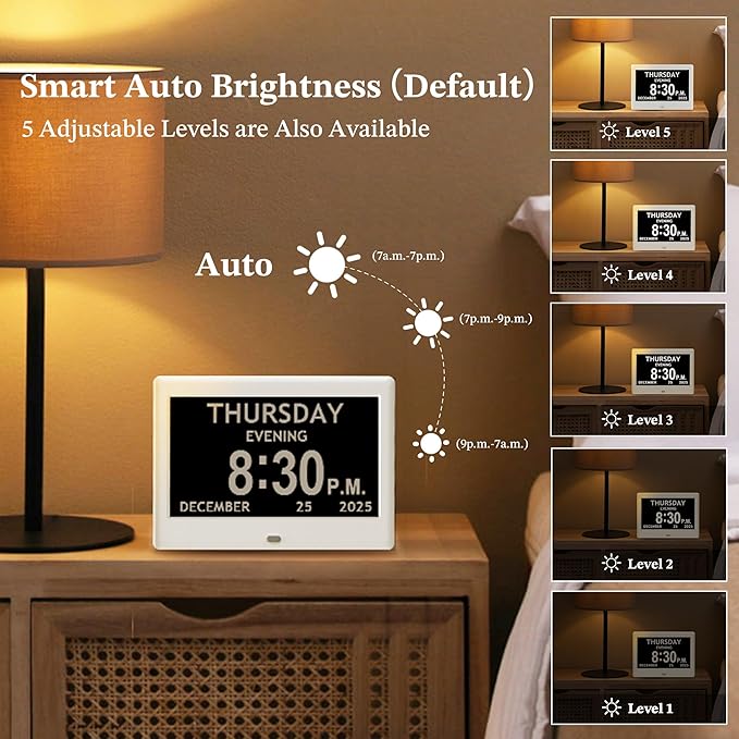 7'' Dementia Clock For Seniors, Large Display Digital Clock With Date, Time, Day Of Week for Elderly, Alzheimer, 1024*600P HD, 10 Reminders & 8 Alarms, Auto Dimming & DST, Remote Control, White