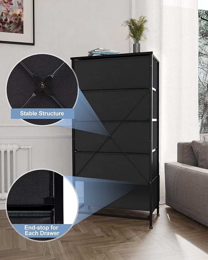 Crestlive Products Vertical Dresser Storage Tower - Sturdy Steel Frame, Wood Top, Easy Pull Fabric Bins - Wide Organizer Unit for Bedroom, Hallway, Entryway, Closets - 5 Drawers(Black)