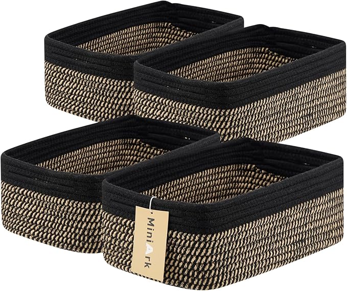 Small Storage Baskets for Organizing | Closet Organizer Bins | Shelf Toy Basket | Woven Rope Baskets | Cube Decorative Box | Shallow Basket | 13x8.5x5.1” | 4 Packs Black Brown